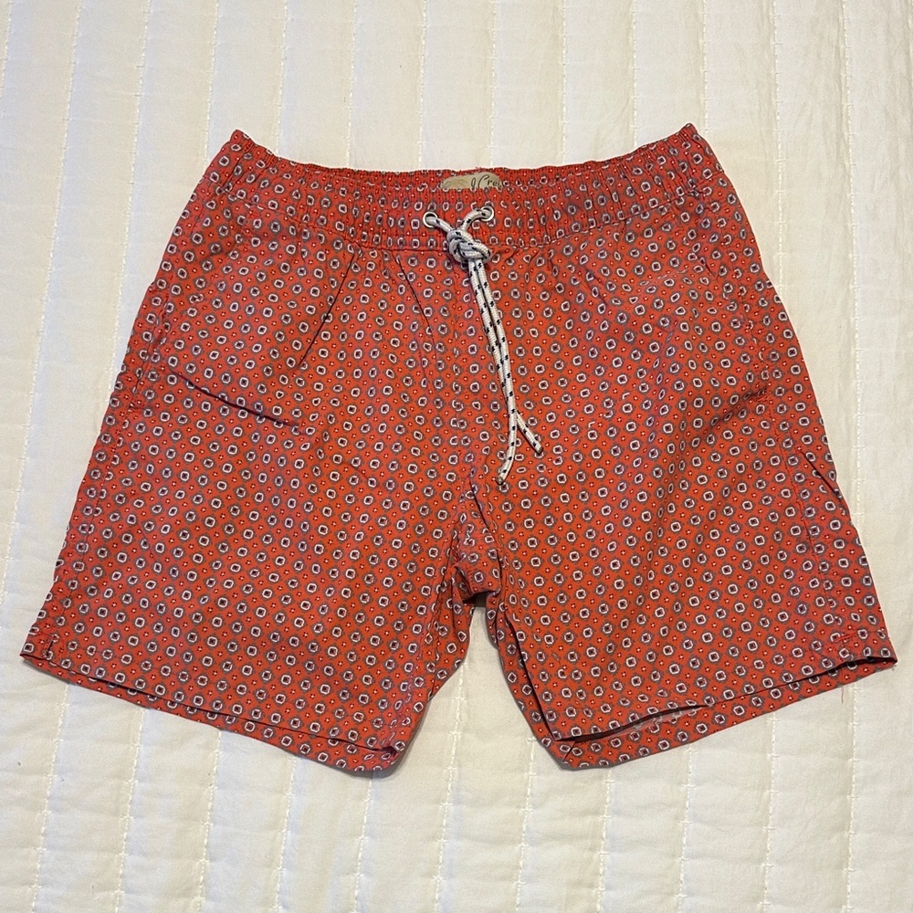 J Crew Men’s Swim Trunks Coral Red Geometric Print Drawstring Lined Size Small